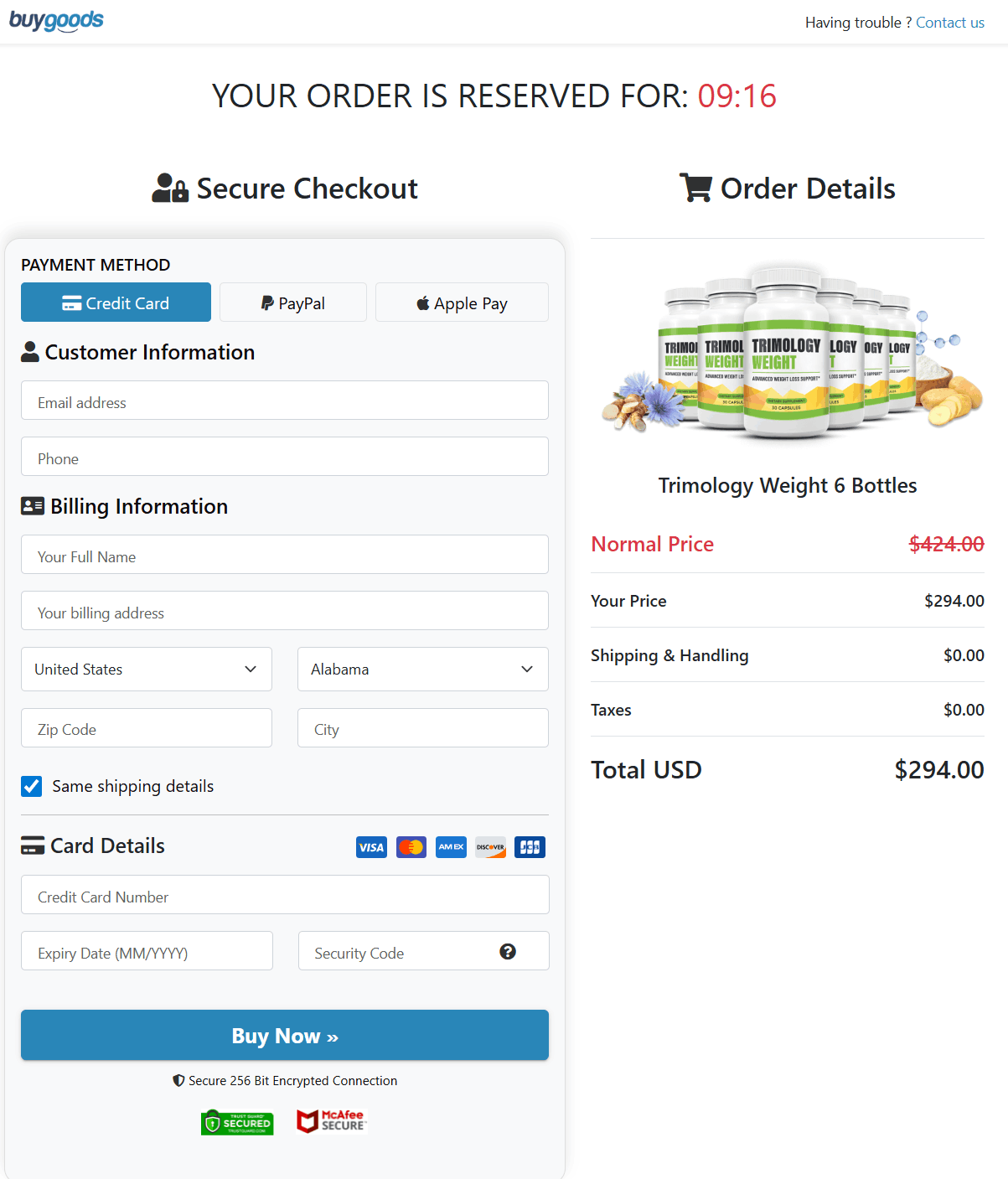 Trimology Checkout page